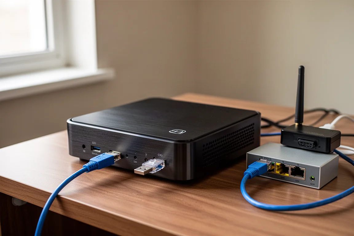 デスク上でイーサネットケーブルを介してネットワークスイッチに接続されたミニPC