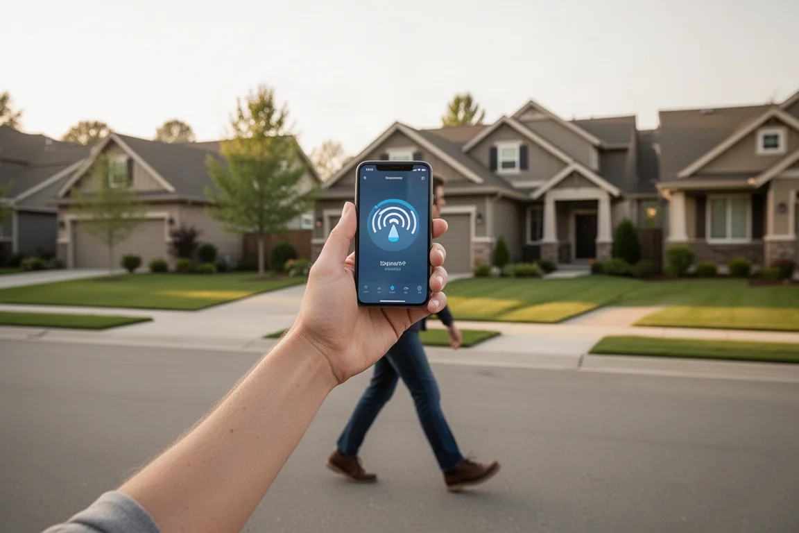 住宅街の道路を歩く人物が、信号強度を示すスマートフォンを手に持っている様子