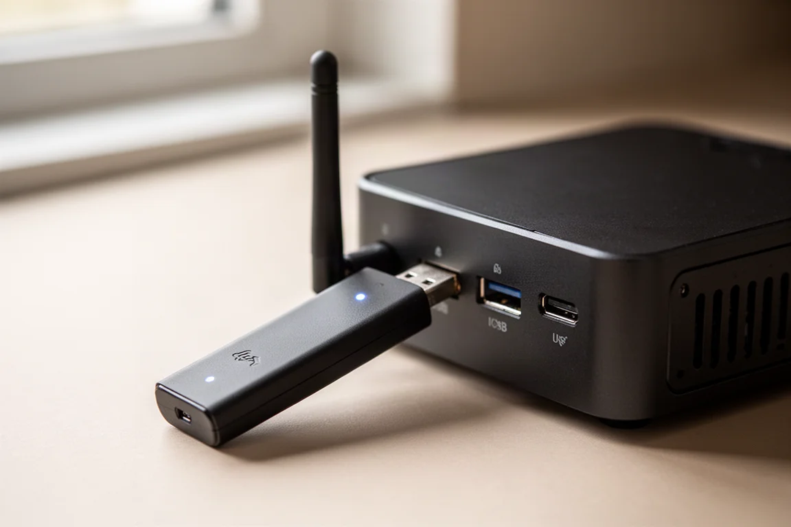 ミニPCに差し込まれたUSB ZigbeeおよびZ-Wave無線スティックのクローズアップ