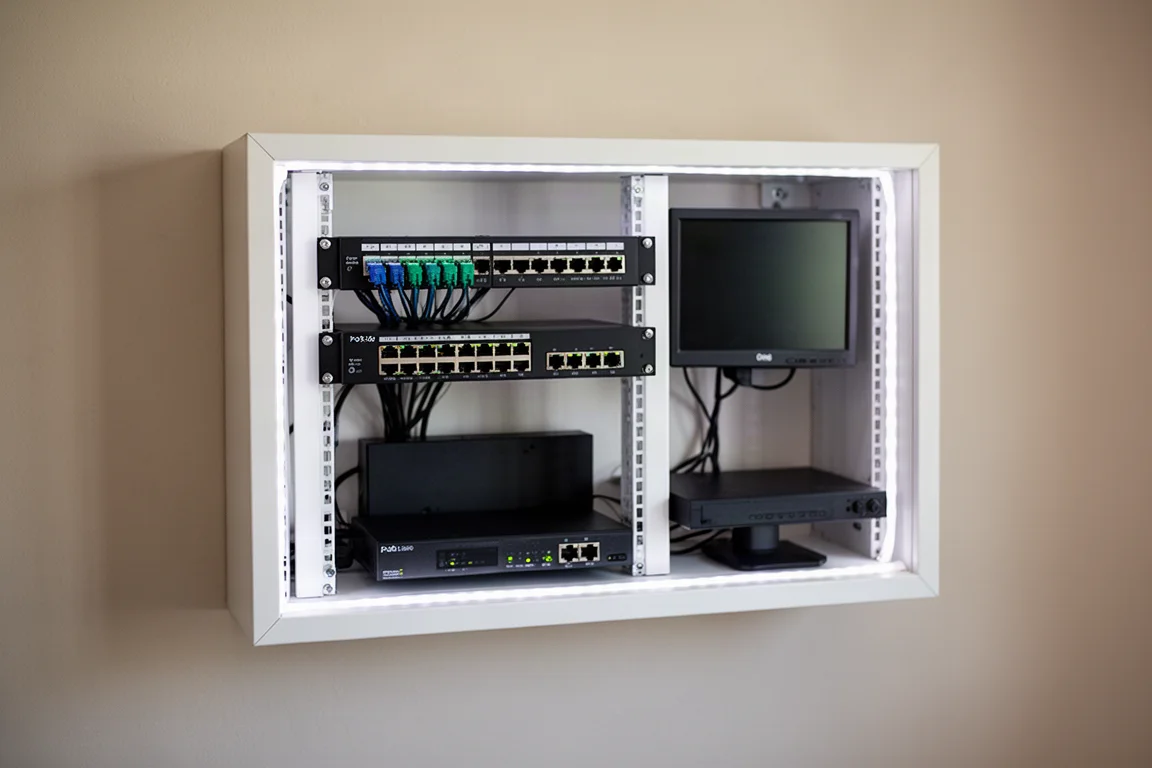 パッチパネル、スイッチ、LEDライトストリップを備えたホームネットワークラック