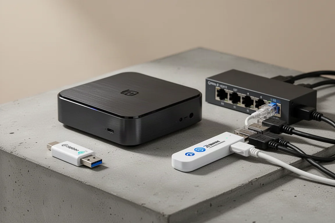 Configuración de centro de hogar inteligente con mini PC, stick de radio USB y switch de red sobre superficie de concreto