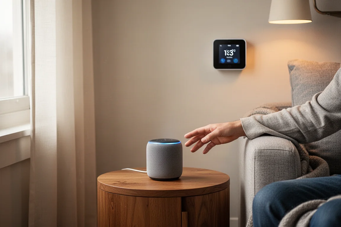 Modernes Wohnzimmer mit smartem Lautsprecher und Thermostat