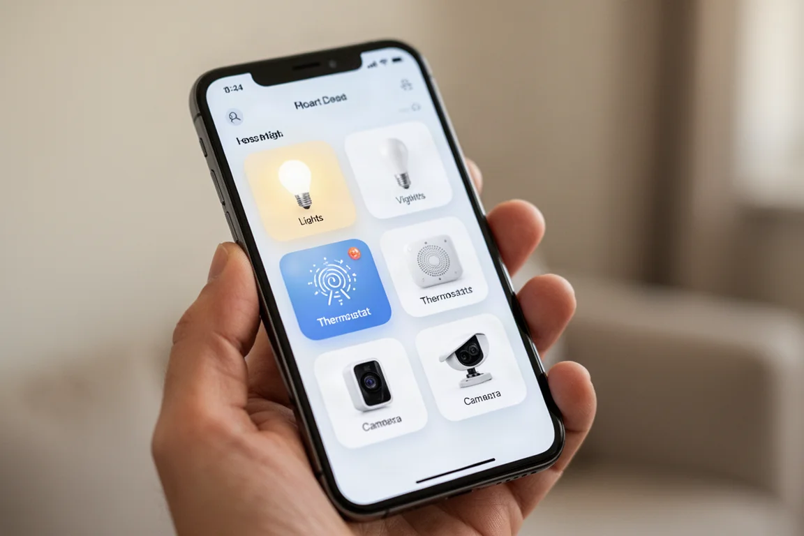 Smartphone mit einer Smart-Home-App-Oberfläche und Gerätekacheln