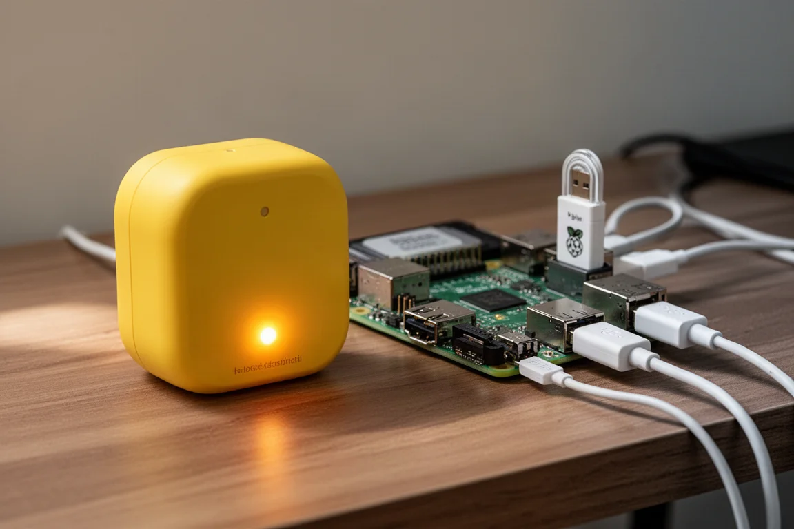 Home Assistant Yellow und Raspberry Pi 4 mit Kabeln auf einem Schreibtisch verbunden