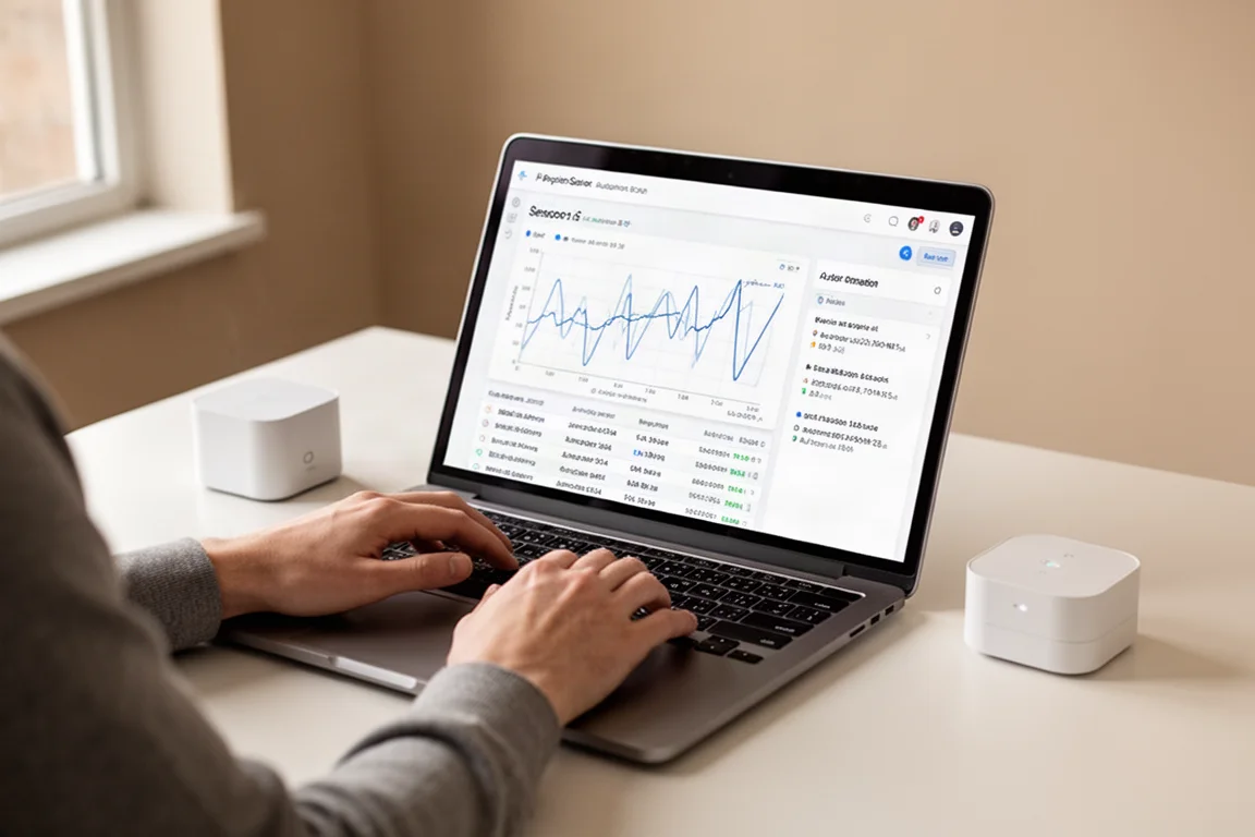 Person, die Sensordaten-Diagramme auf einem Laptop mit einem Smart-Home-Hub in der Nähe überprüft