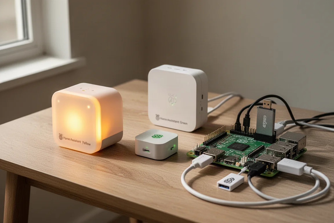 Home Assistant Yellow, Home Assistant Green e Raspberry Pi 4 come hub smart home su una scrivania in legno
