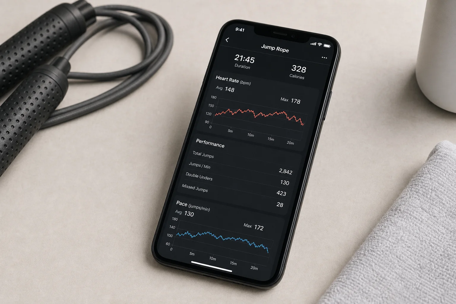 智慧型手機上的健身追蹤 App 介面，顯示跳繩訓練數據