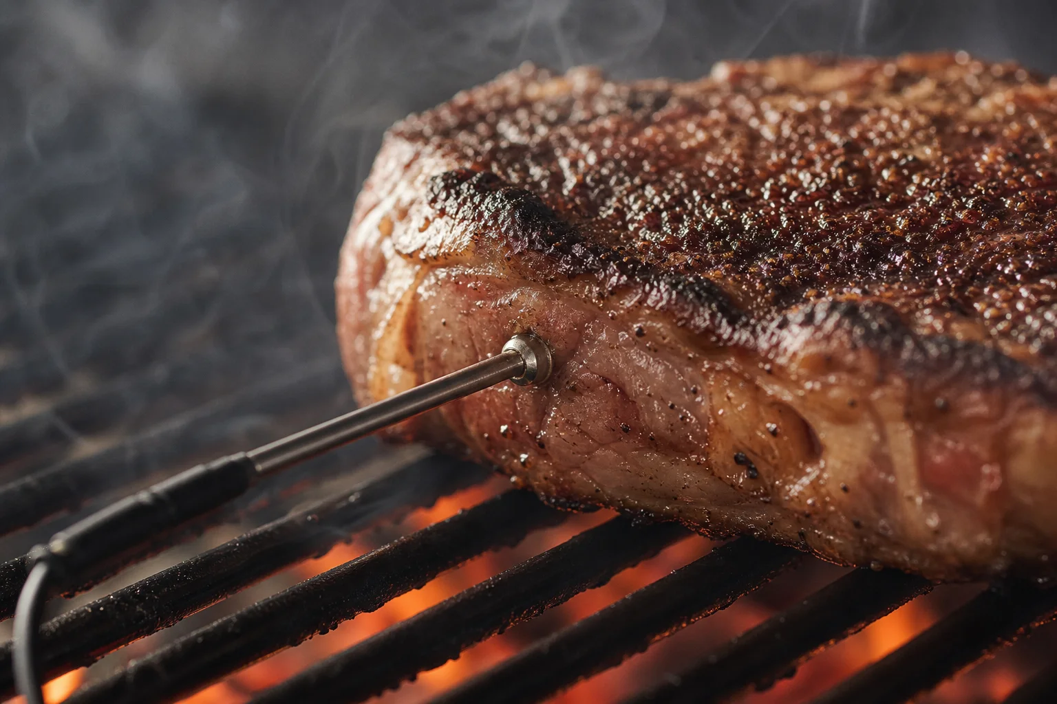 Meat probe inserted into steak on hot grill with heat waves