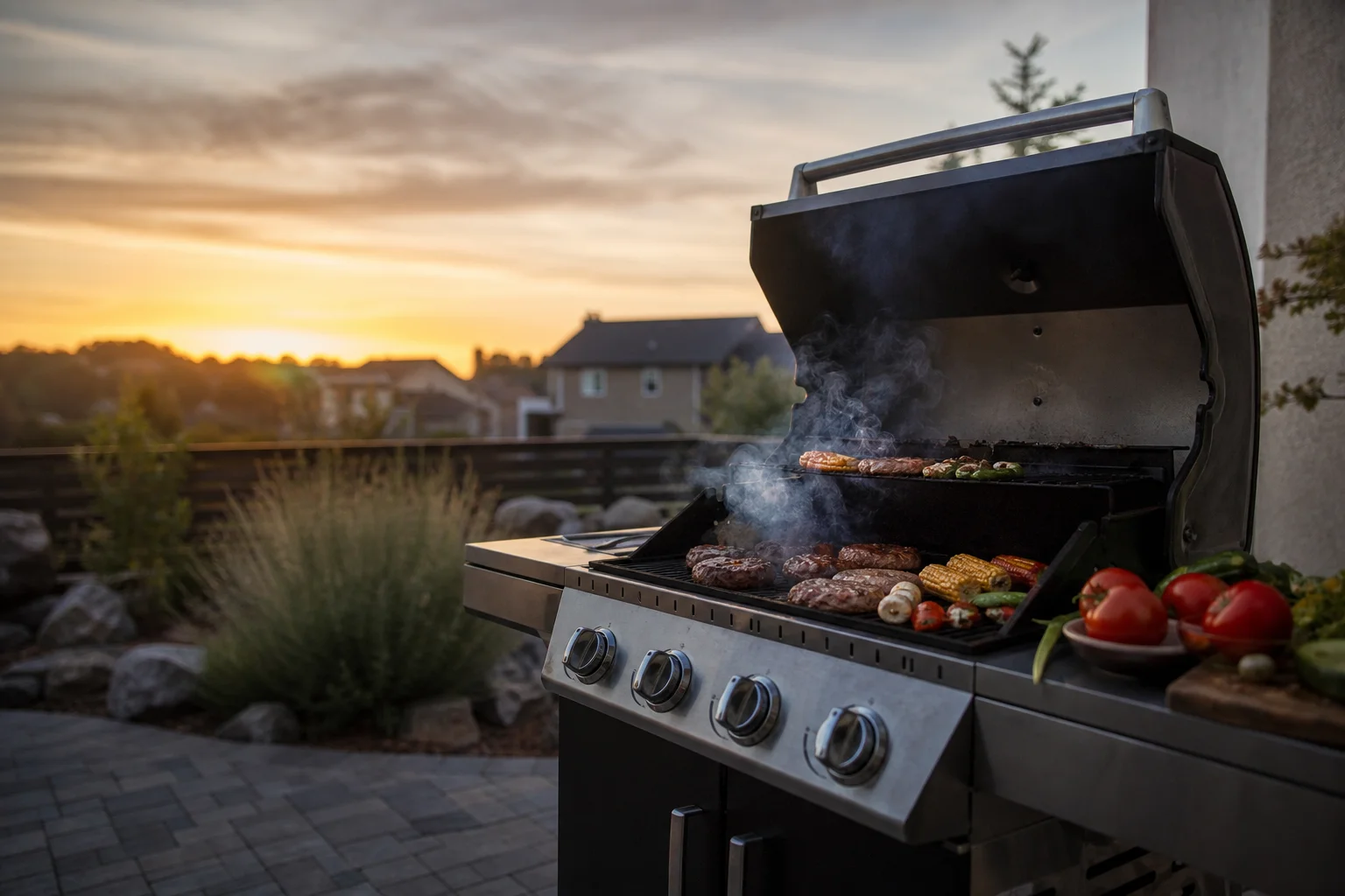 Backyard grill at dusk with multiple items cooking and smoke
