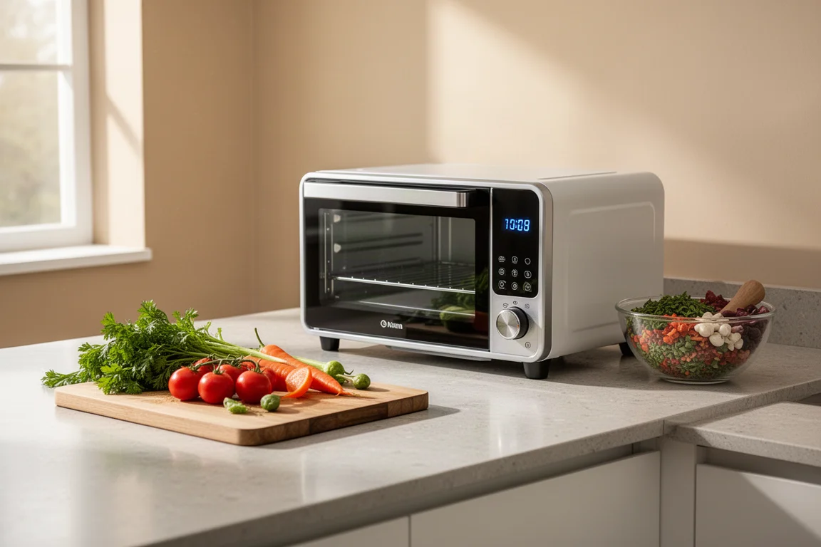 Piano cucina moderno con un forno smart compatto collegato accanto a ingredienti freschi