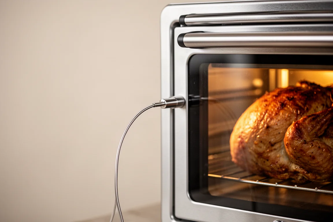 Primo piano di una sonda termica inserita in un arrosto dentro un forno da tavolo