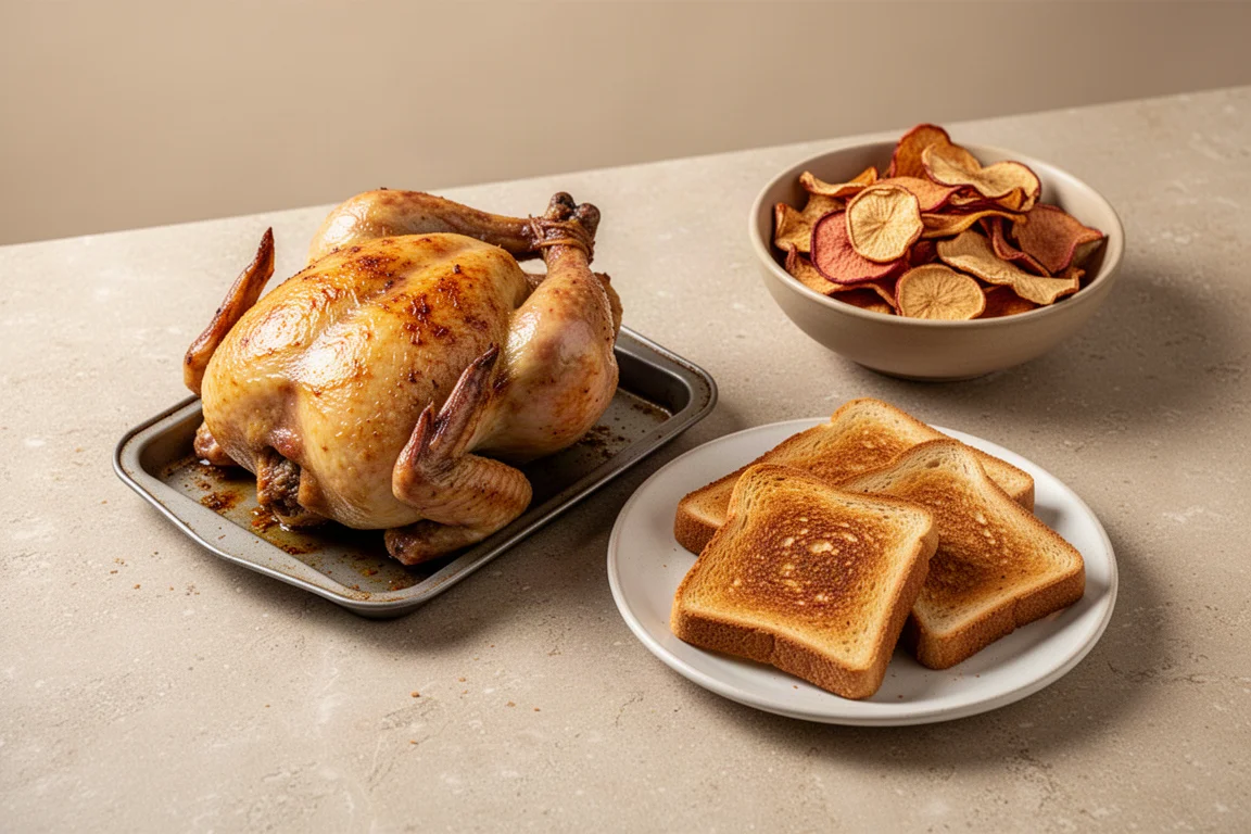 Pollo arrosto dorato su una teglia accanto a fette di pane croccanti