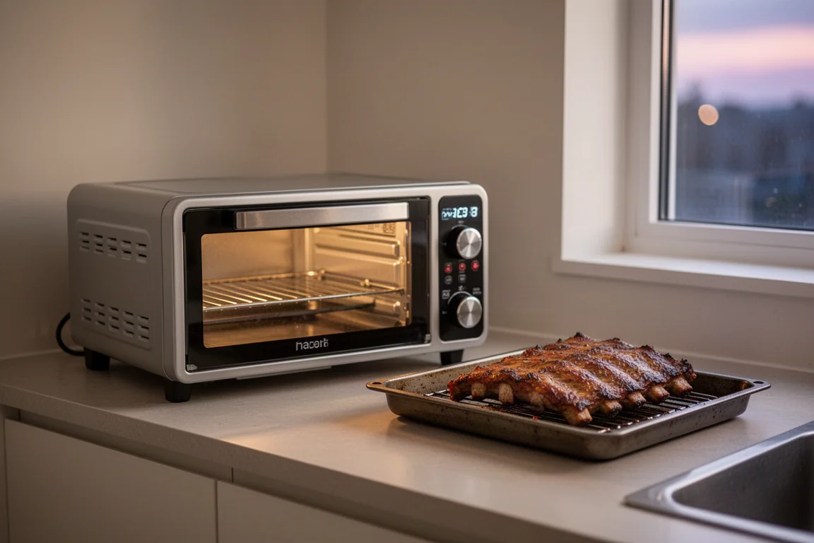 Forno smart compatto su un piano cucina di un piccolo appartamento accanto a mezza grigliata di costine