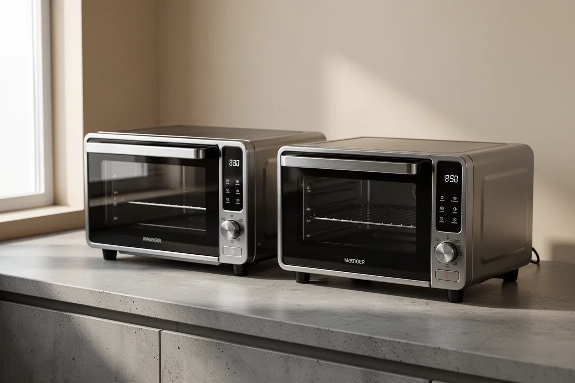 Two modern countertop smart ovens side by side on a concrete kitchen counter