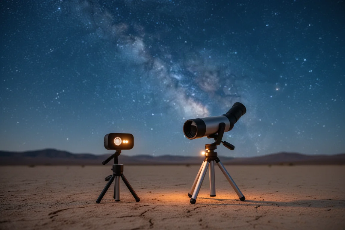 Smart-Teleskop unter einem sternklaren Wüstenhimmel aufgebaut