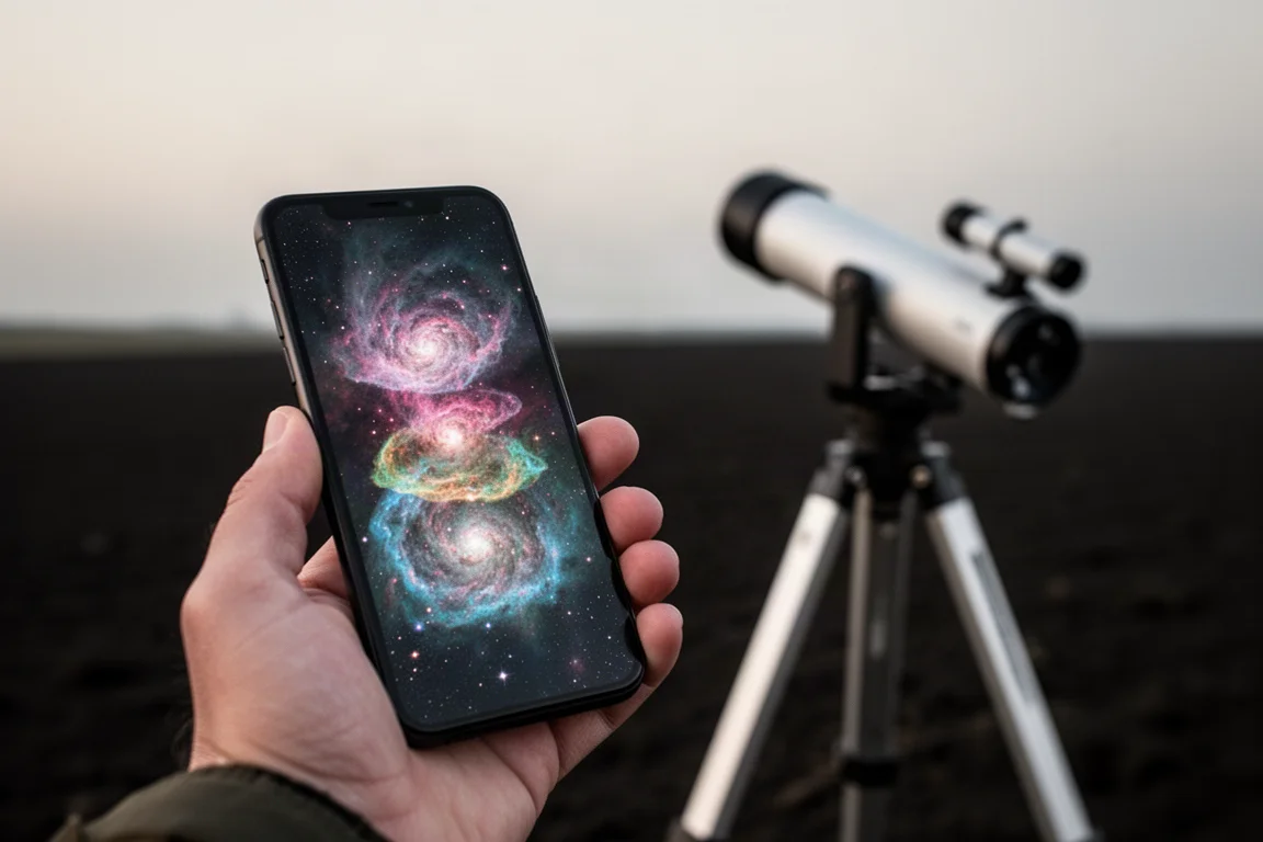 Eine Hand hält ein Smartphone mit einem live gestapelten Nebelbild