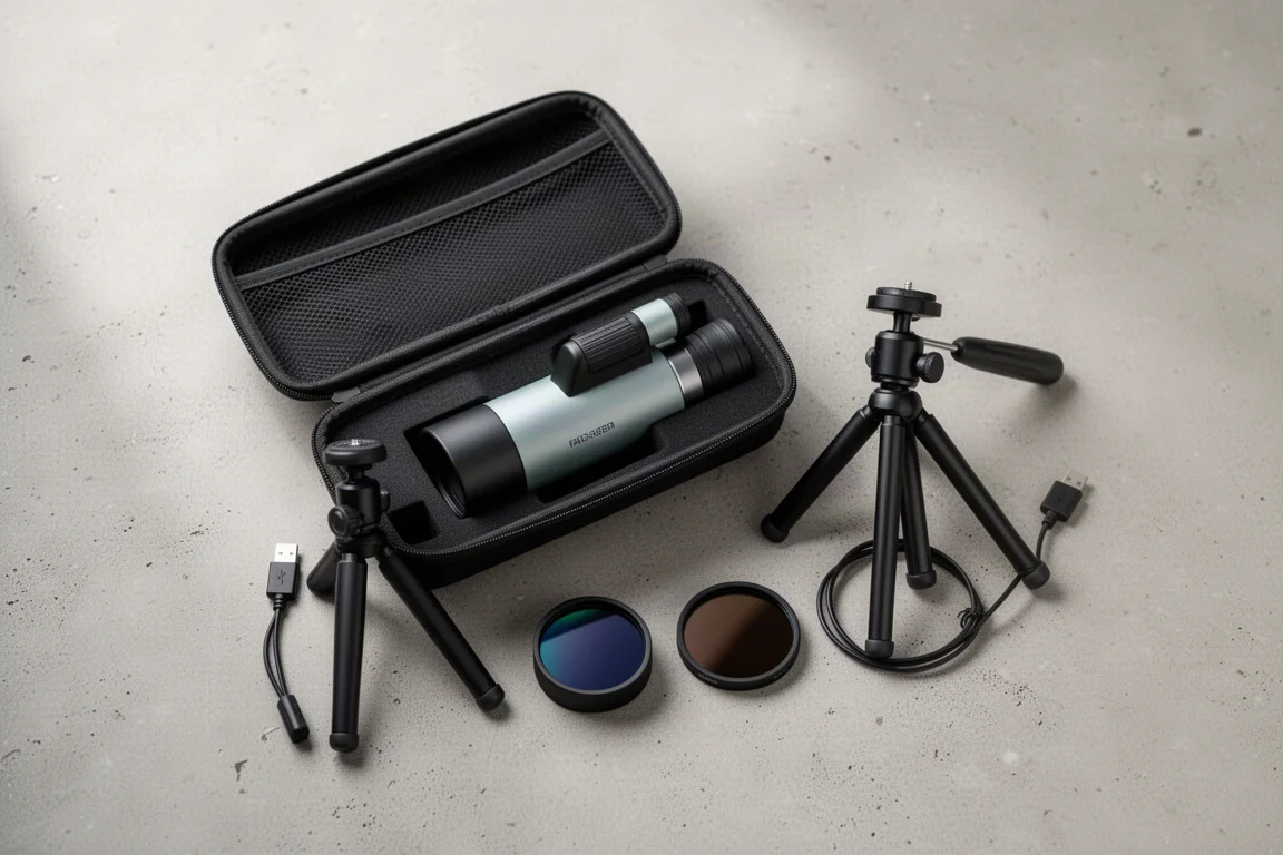 Kompaktes Smart-Teleskop mit Zubehör im Reiserucksack verpackt