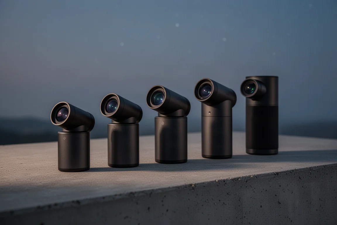 Five compact smart telescopes arranged on a concrete surface at dusk