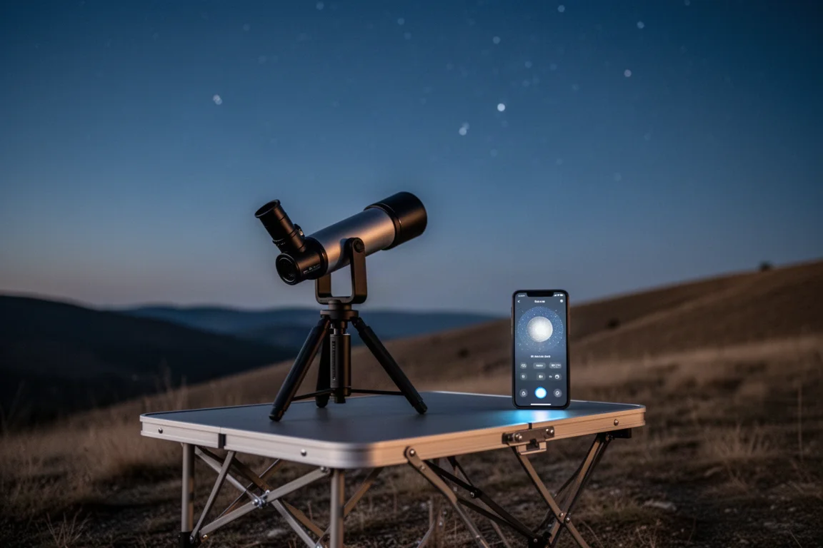 Persona che usa uno smartphone accanto a un piccolo telescopio su una collina buia di notte