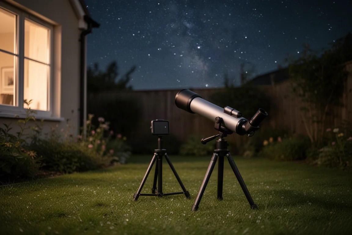 Piccolo telescopio puntato verso un cielo stellato accanto a uno schermo luminoso