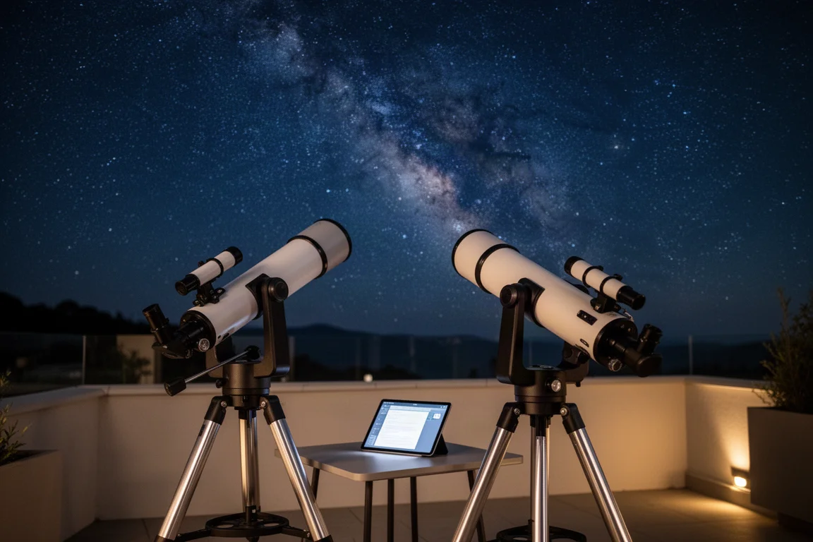 Setup per osservazione delle stelle su una terrazza con telescopio e tablet sotto un cielo notturno sereno