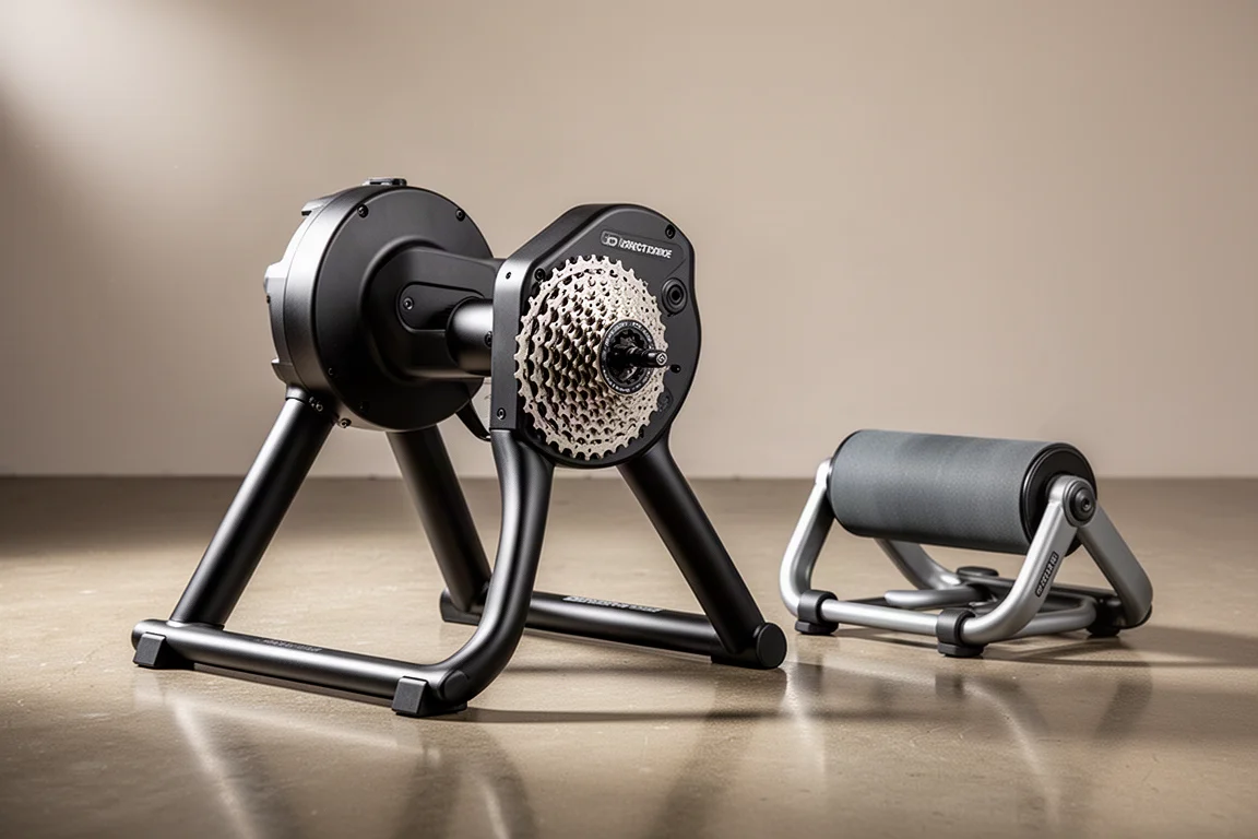 Twee smart trainers voor binnen, een direct-drive model en een wheel-on model, naast elkaar op beton