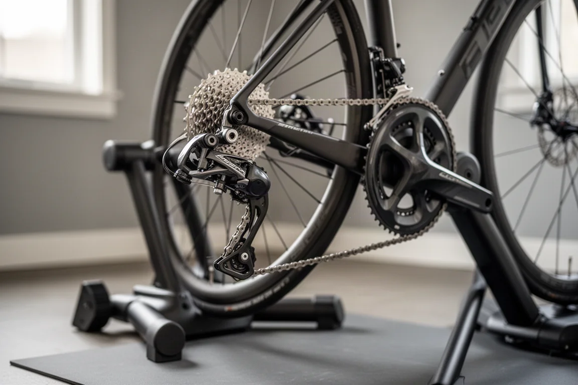 Primo piano della trasmissione di una bici da strada montata su uno smart trainer in uno spazio di allenamento domestico