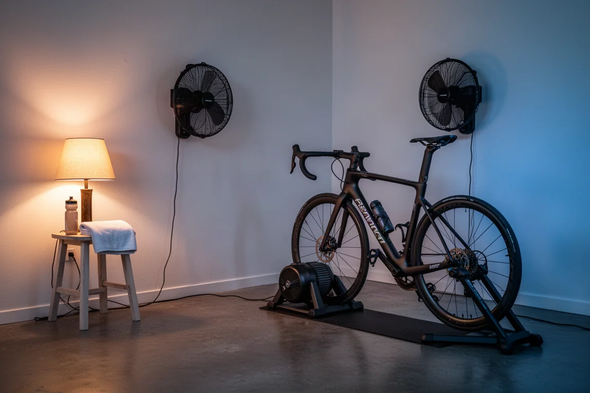 Angolo di allenamento indoor al crepuscolo con una bici da strada su uno smart trainer e un ventilatore a parete