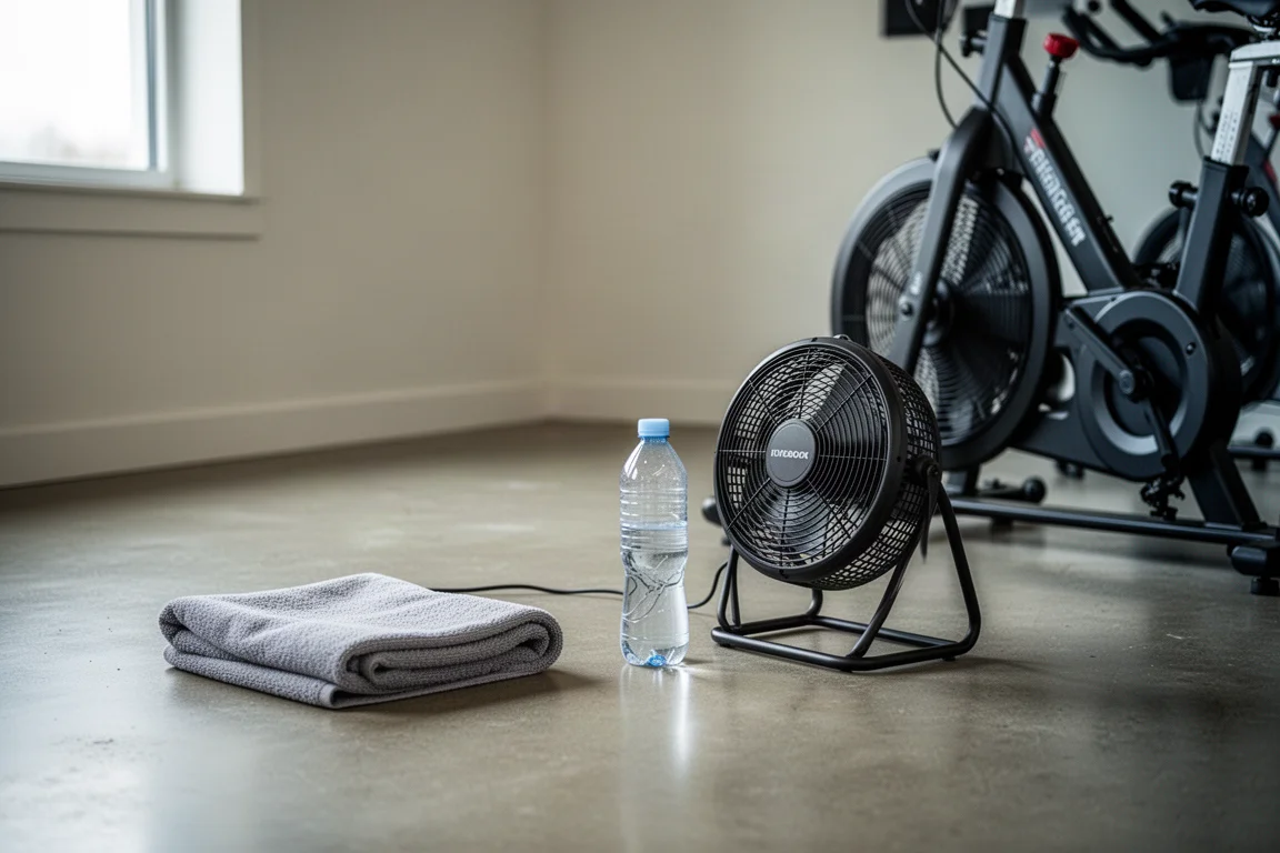 Stanza silenziosa per l'allenamento indoor dopo una sessione, con asciugamano, borraccia e ventilatore da pavimento
