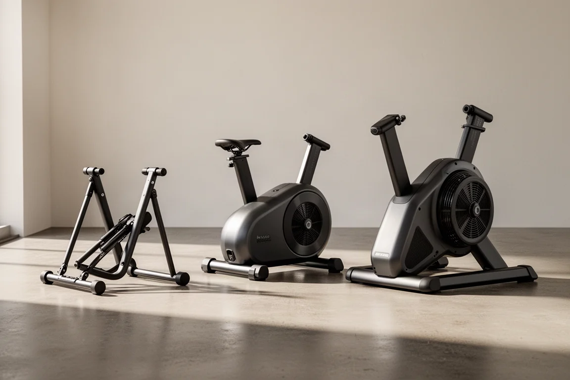 Drie direct-drive smart trainers naast elkaar op een betonnen vloer