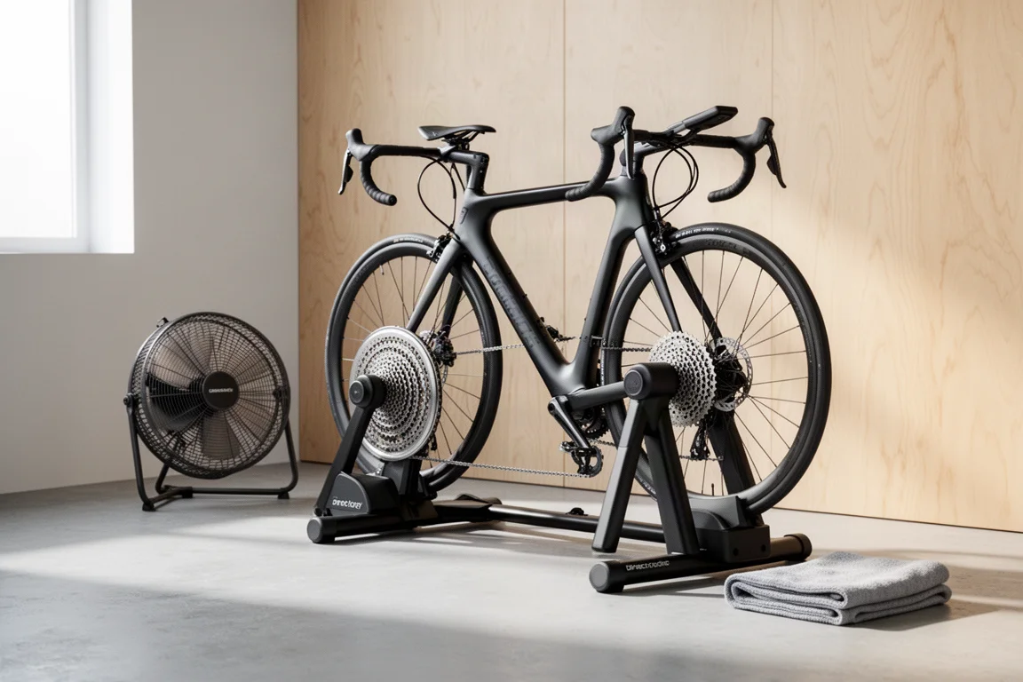 Direct-drive smart turbo trainer on a pale oak floor beside a towel and water bottle