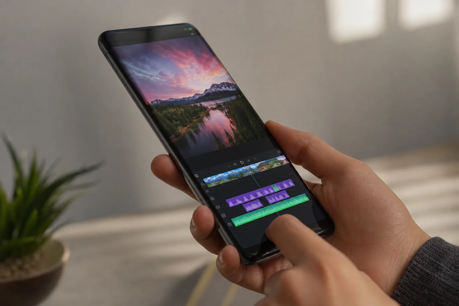 밝은 AMOLED 화면에서 생생한 영상 편집 인터페이스를 보여주는 스마트폰