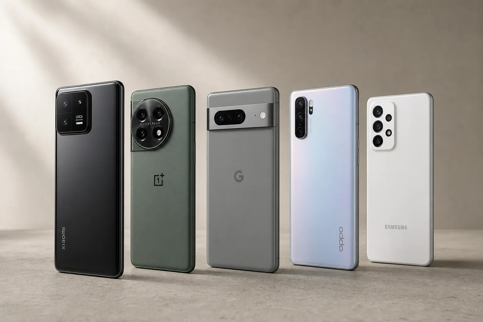 Fünf auf Beton angeordnete Smartphones, die ihre Kameramodule und Designs zeigen
