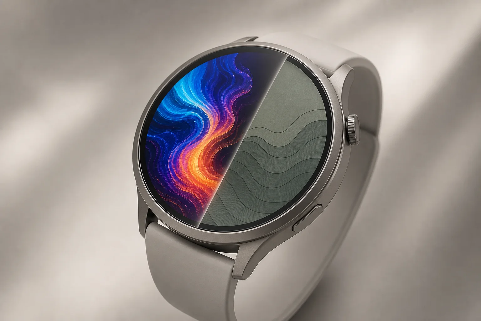 Modern smartwatch with dual-layer display showing AMOLED and FSN technology
