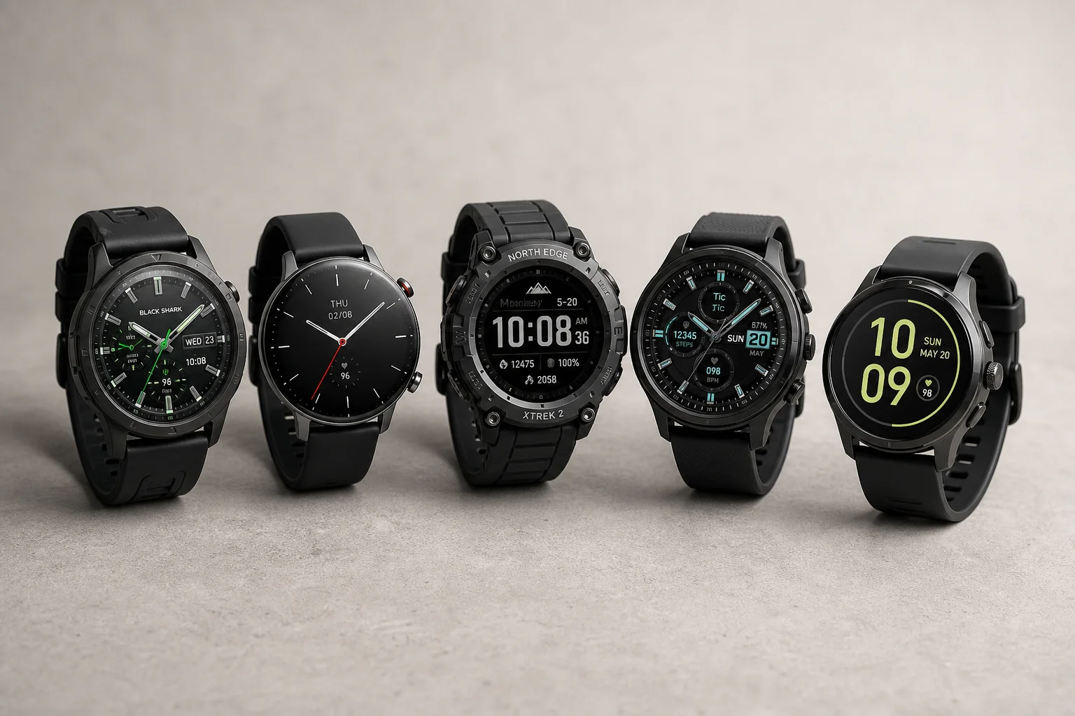 Cinco smartwatches expuestos sobre una superficie de hormigón mostrando diferentes diseños y estilos