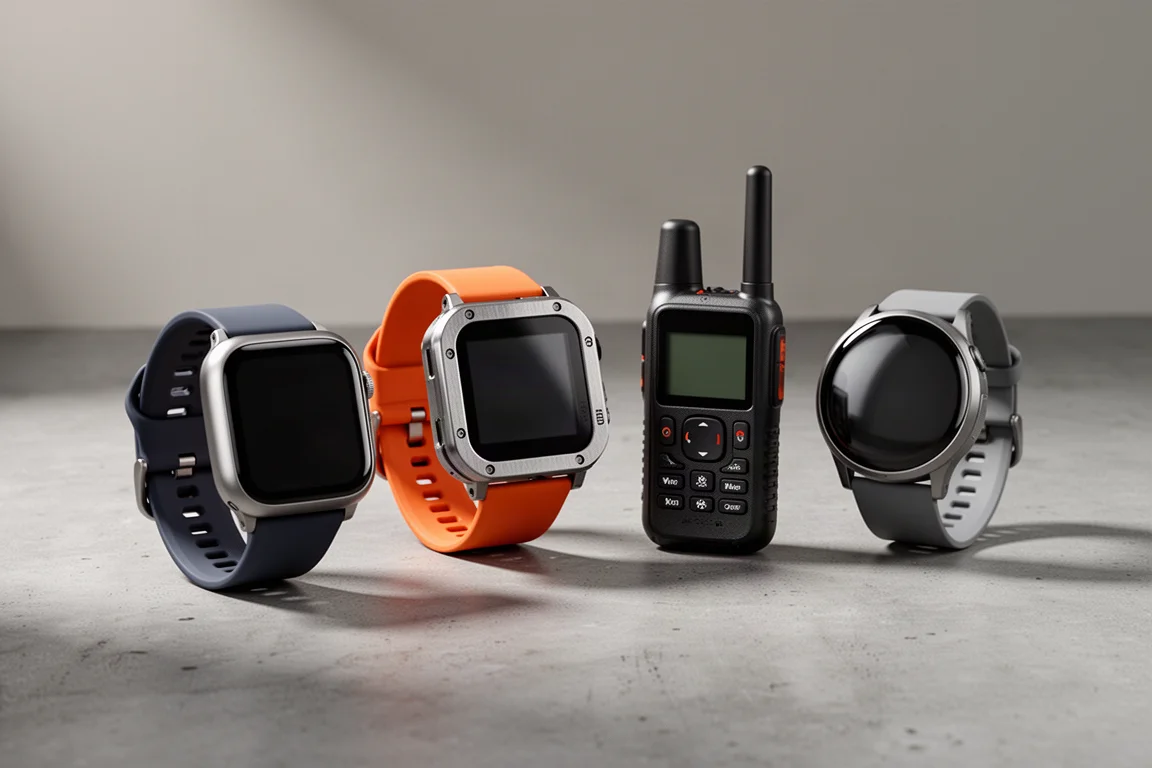 Four smartwatches and a handheld satellite communicator arranged on a concrete surface