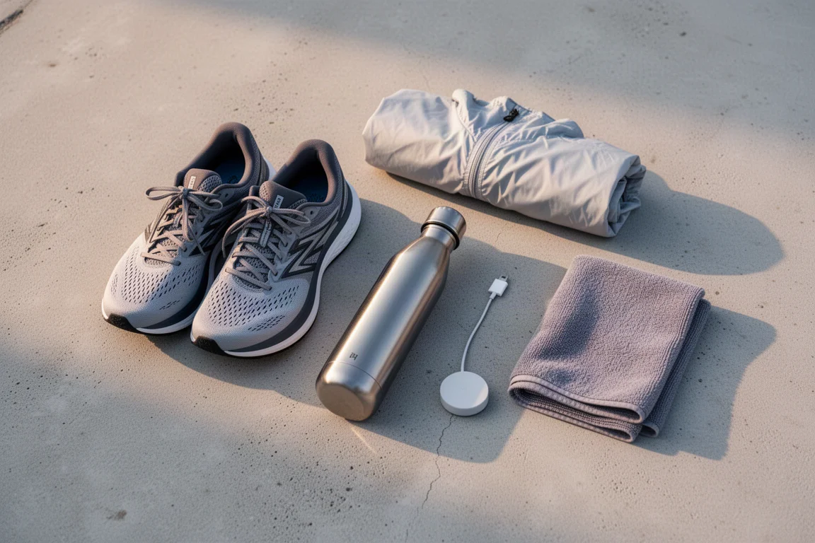 Draufsicht auf Laufschuhe, Jacke, Flasche, Handtuch und Ladeadapter auf Beton