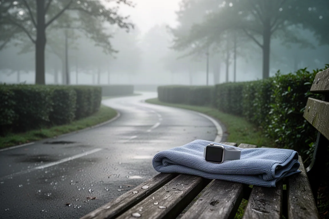 Leere Parkrunde in der Morgendämmerung mit Bank, Handtuch und schlanker Smartwatch