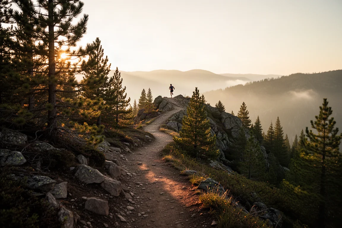 Felsiger Bergweg durch Kiefernwald in der goldenen Stunde mit entferntem Läufer