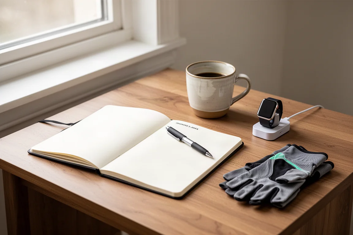 Holzschreibtisch mit Trainingsnotizbuch, Kaffeetasse und einer Smartwatch auf dem Ladeständer