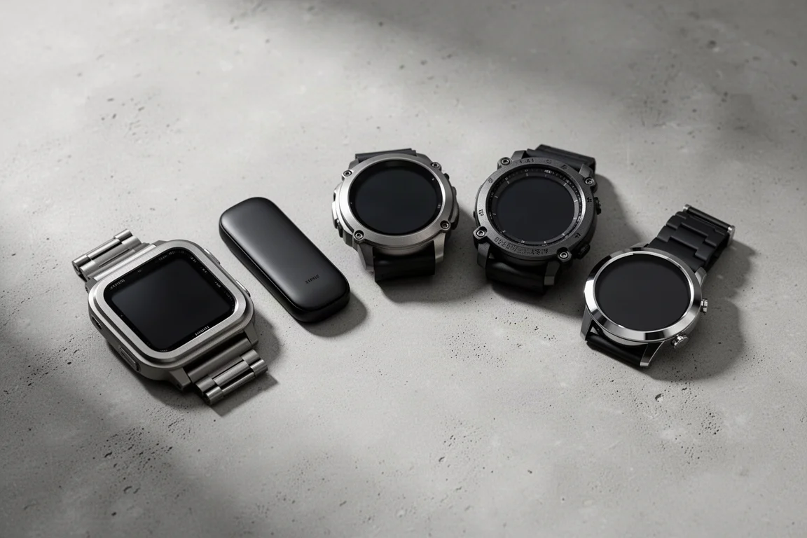 Five running smartwatches arranged in an arc on a matte concrete surface