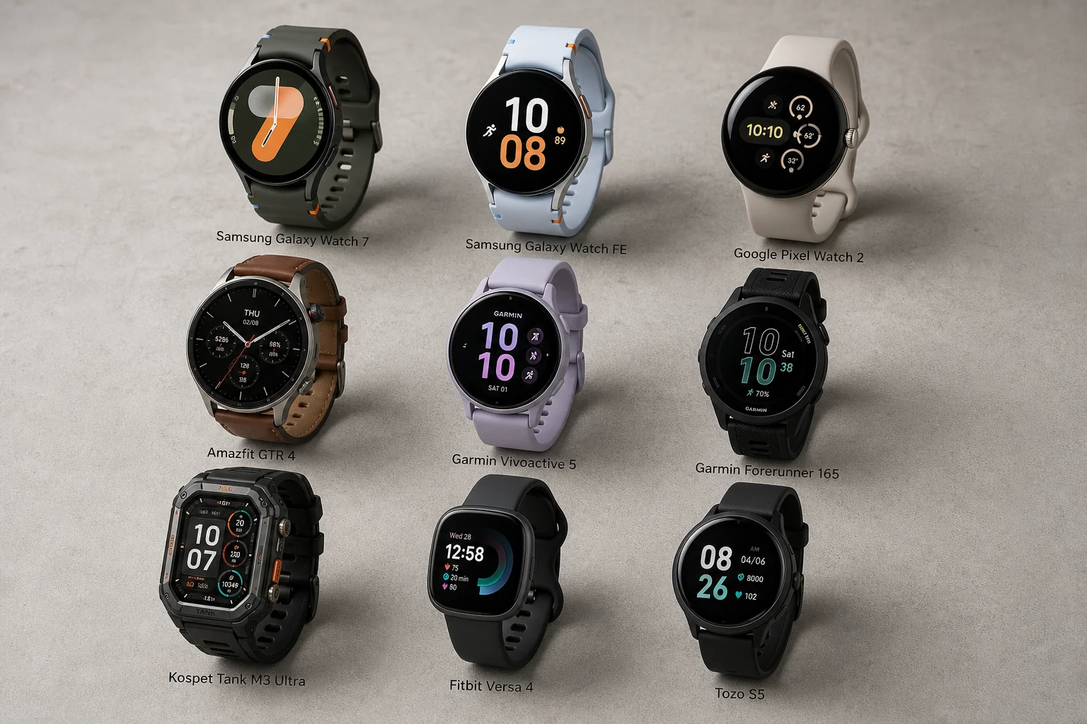 Nine smartwatches under $300 arranged on concrete surface