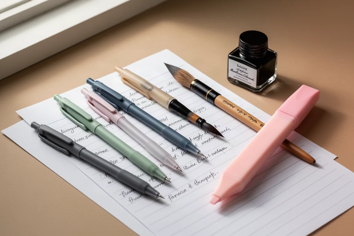 Flat-lay of pens, a brush pen, an ink bottle, and a pastel highlighter on a desk