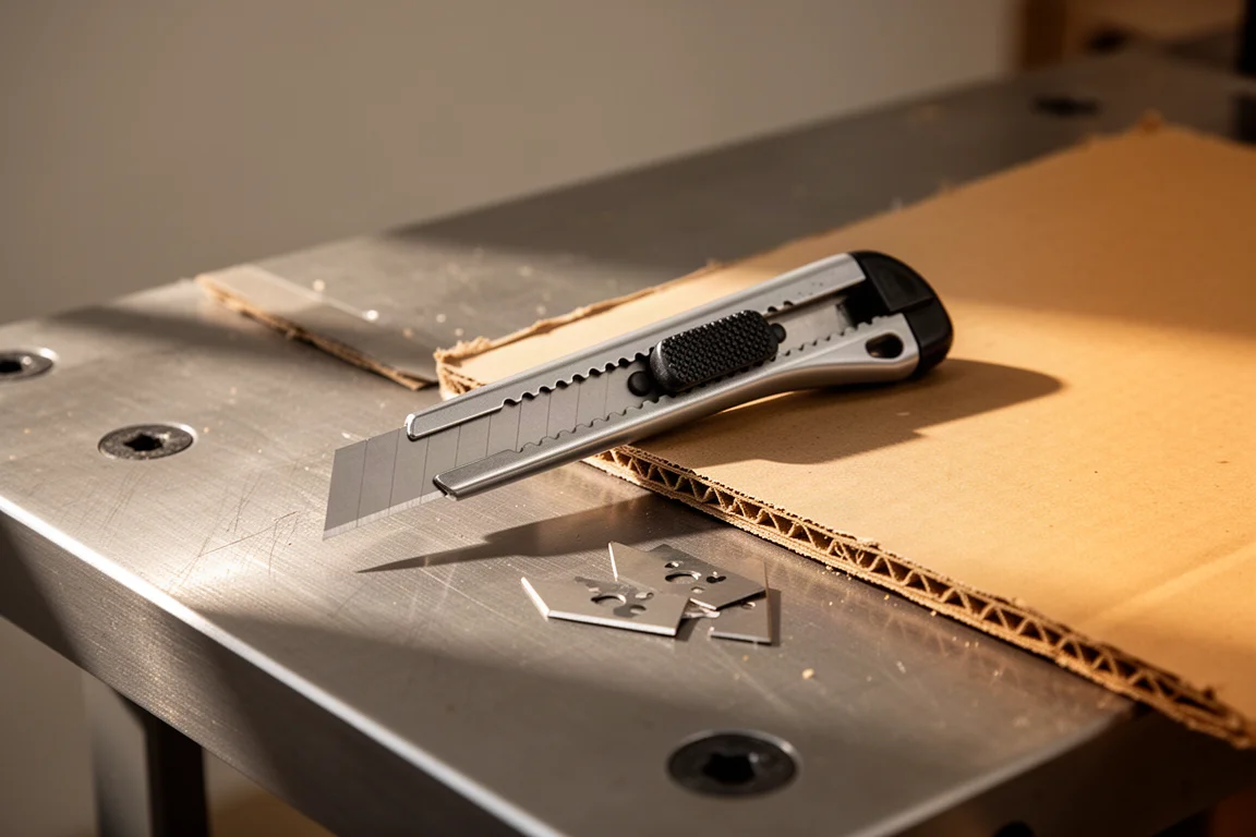 Cuttermesser liegt bei weichem Licht auf einer Werkbank neben geschnittenem Material