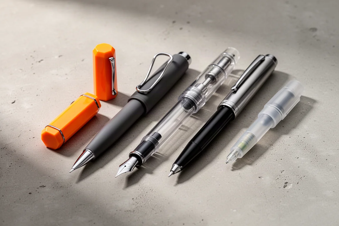 Five affordable fountain pens arranged diagonally on a matte concrete surface
