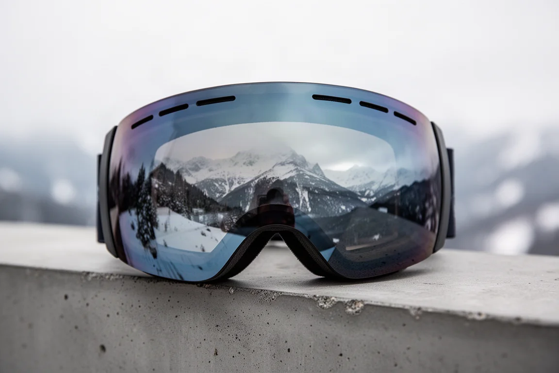 Duża cylindryczna soczewka gogli snowboardowych odbijająca górski, zaśnieżony krajobraz