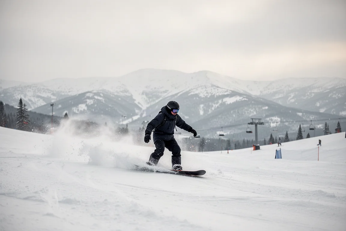 Snowboardzista tnący świeży śnieg na szerokiej, otwartej trasie ośrodka