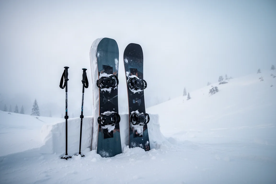 Połówki splitboardu oparte o śnieg z kijkami turystycznymi na zboczu backcountry