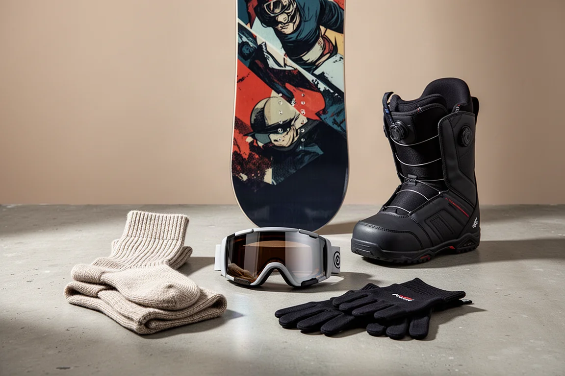 Flach angerichtet: Merino-Socken, Goggles, Handschuh-Innenfutter, ein Snowboard und ein Boot auf Beton