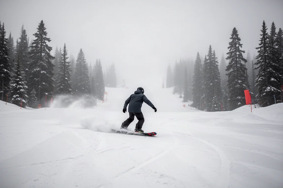 Snowboardzista jadący w pochmurnych, słabo oświetlonych warunkach śniegowych